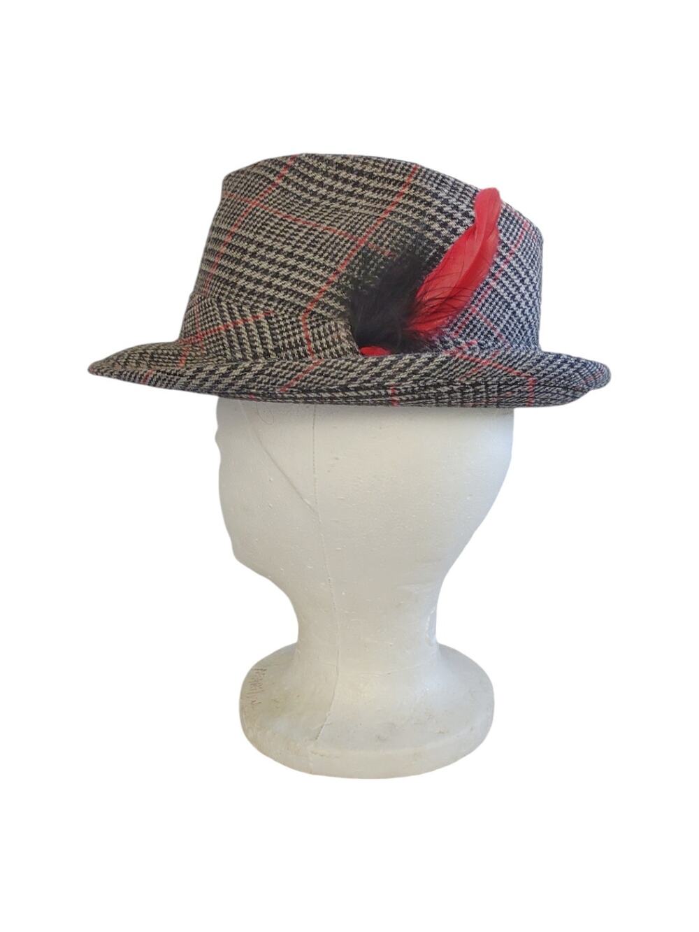 Mens Grey Black Plaid Fedora Hat Size M Retro Feather Accent Unisex Male Female